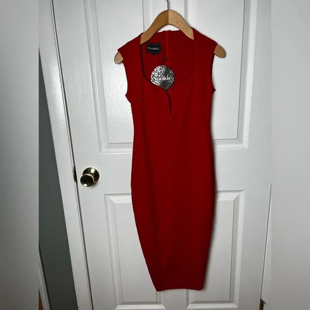 Nookie NEW Red Sweetheart Plunge Neck Bodycon Madonna Midi Dress In Cherry XS